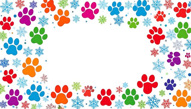 Festive winter paw prints and snowflakes border on white background creates joyful ambience