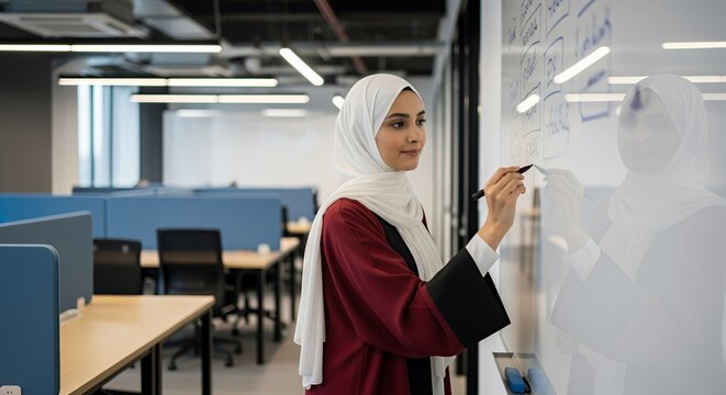 A woman in a hijab confidently presents her ideas on a whiteboard in a modern setting.