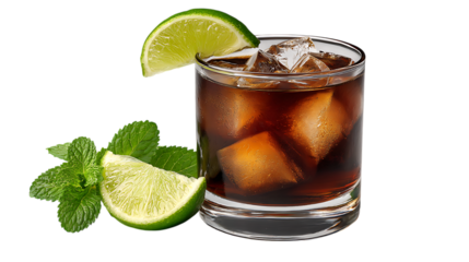 Cuba libre cocktail with lime and mint isolated on transparent background
