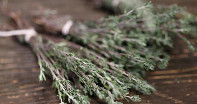 thyme tied together in bundles, aromatic spices of dried thyme for use in cooking and folk medicine