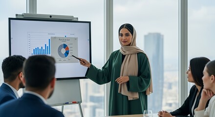 A confident businesswoman in a hijab presents financial data to her team during a modern meeting.