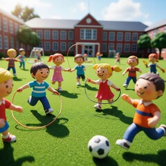Playful clay children running and playing in a schoolyard, cheerful and dynamic moment.