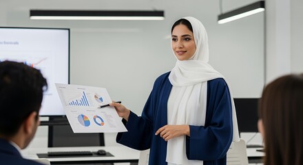 A confident businesswoman in traditional attire presents financial data to colleagues during a productive meeting.