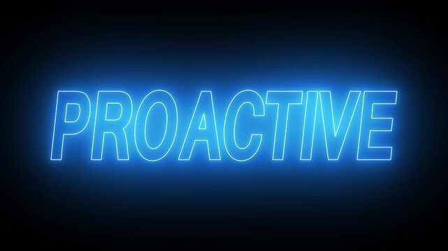 Flickering neon proactive sign animated on black background. neon proactive text animation