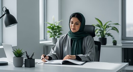 A Muslim woman in a hijab sits at her desk, thoughtfully reviewing documents and making notes in a notebook.
