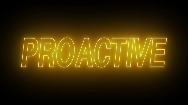 Flickering neon proactive sign animated on black background. neon proactive text animation