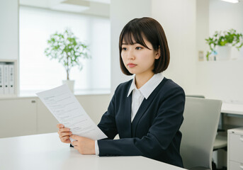職場でストレスチェックシートを手に持って思い悩んでいる女性社員