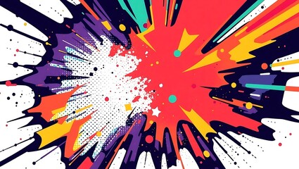Energetic burst-style abstract vector with jagged shapes, Thalorin color splash, halftone diffusion, central space left clear