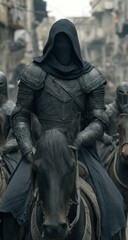 Fototapeta premium Armored figure on horseback with veiled face and shadowed hood leads similar riders through a crowded, faded urban scene