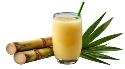 Glass of sugarcane juice with stalks and leaves isolated on transparent background