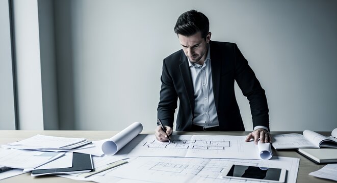 A focused businessman meticulously reviews architectural blueprints at his desk, deeply engrossed in his work. - Powered by Adobe