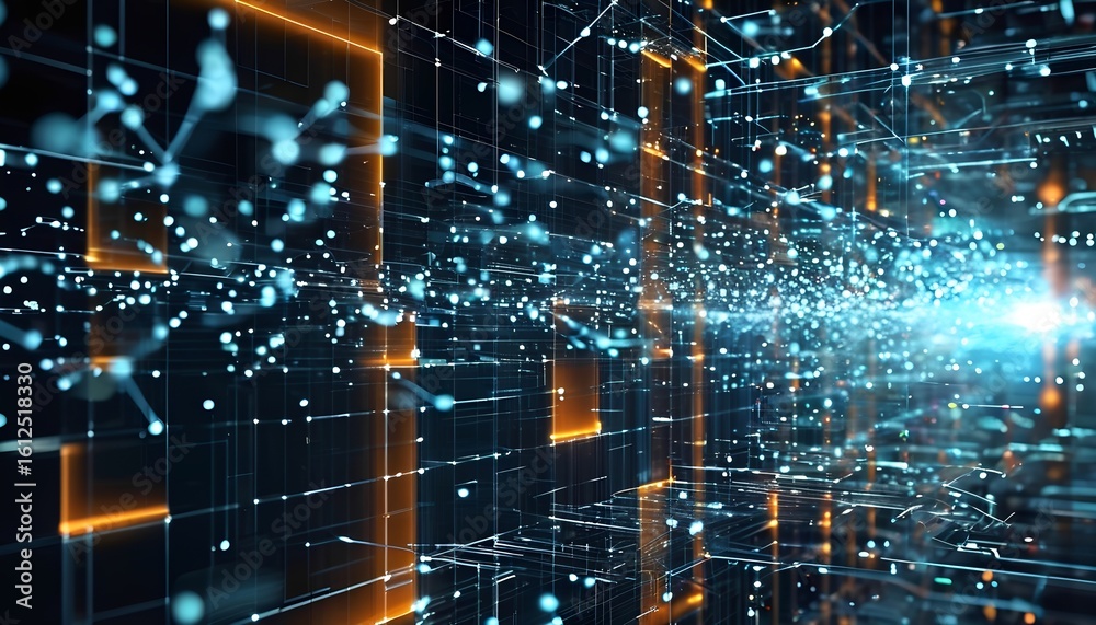 Poster dynamic data flow visualization digital realm abstract artwork virtual environment futuristic perspe