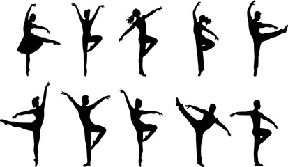 Silhouette illustration showing multiple dancers in various ballet poses, demonstrating grace and movement.