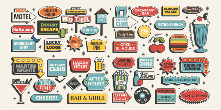 Retro sticker set. Motel, diner, bar and fun signs in one mid century 50s collection. Perfect for posters, events and themed design. Vector illustration in vintage colors