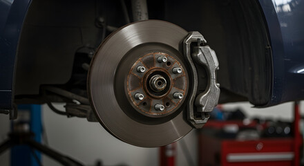 Close-Up View of Automotive Brake Disc and Caliper in a Mechanic's Workshop for Vehicle Maintenance and Repair