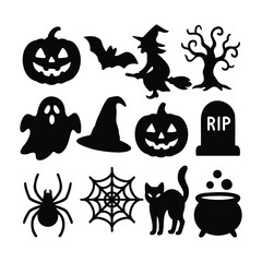 Vector art of collection of black halloween icons on a white background