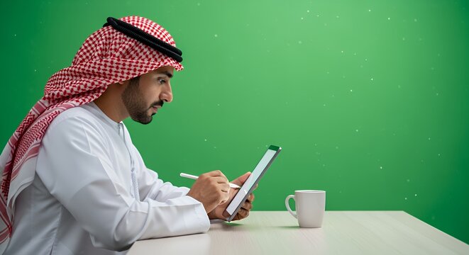 A young man in traditional Middle Eastern attire sits at a table, using a stylus on a tablet computer, a mug of coffee beside him.