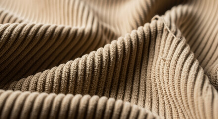 Detailed capture of textured, beige corduroy fabric in soft, directional lighting, showcasing its