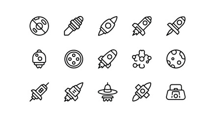 Line editable icon set of black outline icons representing space exploration and celestial bodies line icon set
