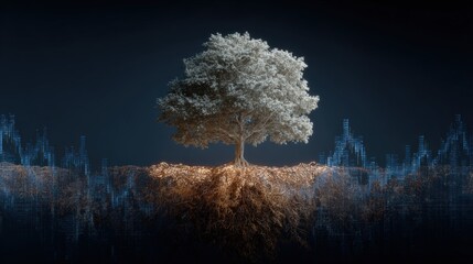 Symbolic growth a tree with roots resembling stock market symbols illustrating financial health and nature's interconnection digital art