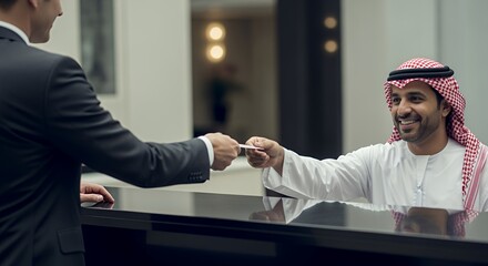 A businessman hands a card to a man in traditional Middle Eastern attire at a reception desk, signifying a business transaction or formal introduction.