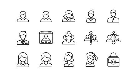 Line editable icon set of diverse people icons representing various professions and activities line icon set
