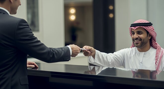 A businessman hands a card to a man in traditional Middle Eastern attire at a reception desk, signifying a business transaction or formal introduction.