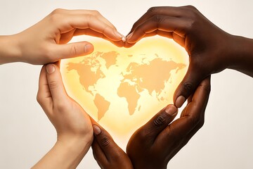 Diverse hands forming heart shape around glowing world map image