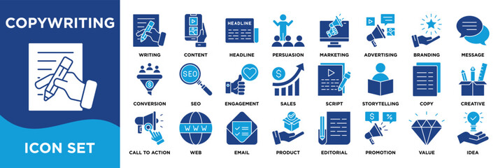 COPYWRITING icon collection set. Containing writing,content,headline,persuasion,marketing,advertising,branding,message,conversion,SEO icon. dual tone vector.