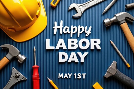 Happy labor day with tools and hard hat