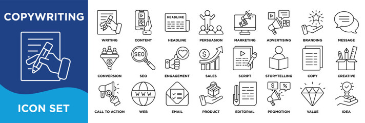 COPYWRITING icon collection set. Containing writing,content,headline,persuasion,marketing,advertising,branding,message,conversion,SEO icon. Simple line vector.