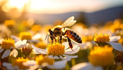 Golden hour bee collecting pollen from a daisy flower in a serene meadow landscape