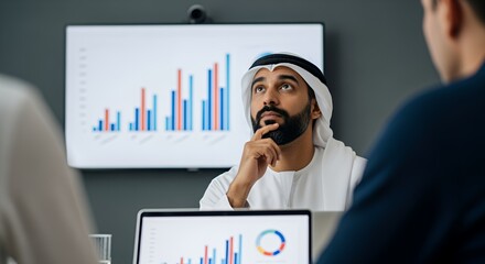 A thoughtful businessman in traditional Middle Eastern attire contemplates business data displayed on a screen during a meeting.
