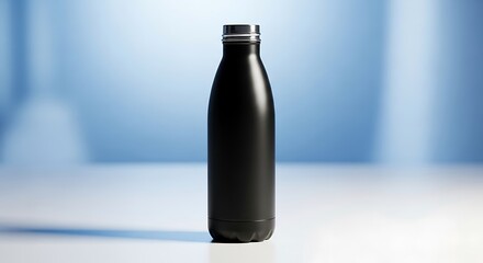 A sleek, matte black reusable water bottle stands upright on a white surface against a blurred blue background.