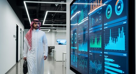 A businessman in traditional Middle Eastern attire walks past a large digital display showcasing financial data in a modern hallway.
