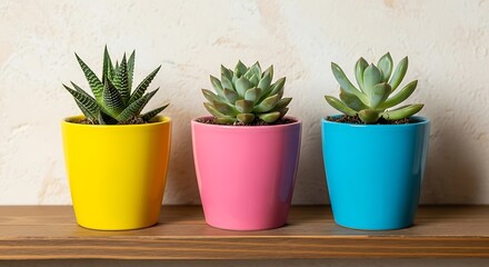 Fototapeta premium Three small potted succulents in colorful pots (yellow, pink, and blue) arranged on a wooden shelf against a textured cream-colored wall.