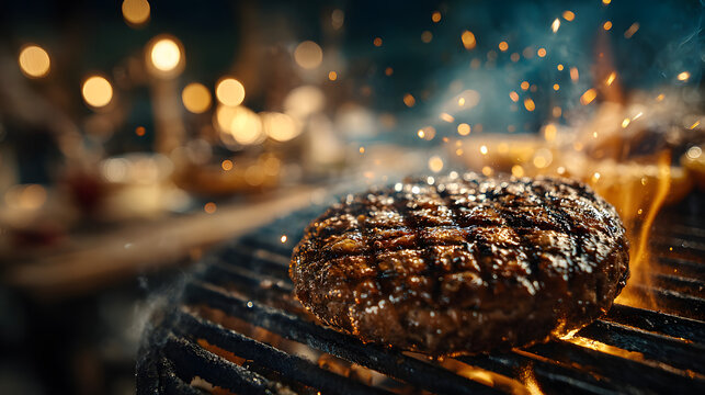 Independence day celebration. Grilled burger patty barbecue firework night celebration outdoor summer festive, family gathering holiday, 4th july