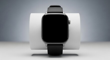 A smartwatch with a black screen and a gray band sits on a white cylindrical display stand against a gradient background.