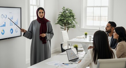 A businesswoman in traditional attire confidently presents a financial report to a diverse team of colleagues during a meeting.