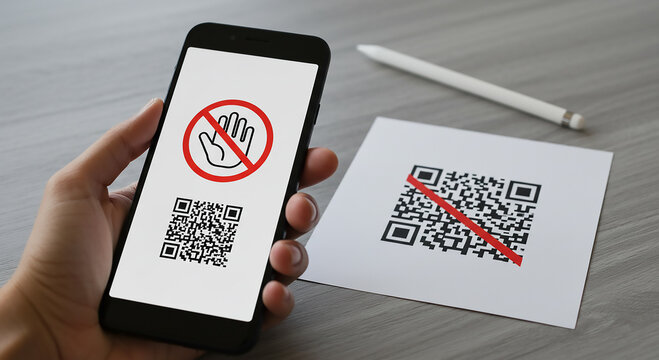 Hand holding smartphone with no touch sign over QR code, data security and privacy concepts
