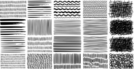 Brush, pen, pencil line set. Vector calligraphy paint strokes. Abstract black ink grungy lines, curves, emphasis underlines. EPS version.