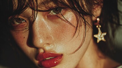 A close-up portrait of an korean woman's face, focusing on the ear , lips and a little bit of her eyes 