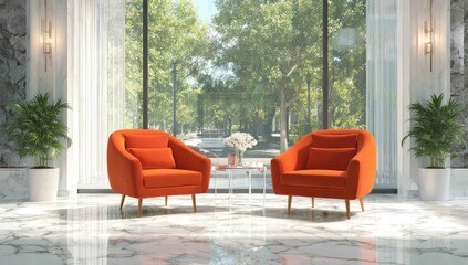 Fototapeta premium Modern bright indoor space with two orange armchairs facing a large window overlooking lush green trees. Marble floor and walls, with potted plants framing the scene. Sunlight floods the room