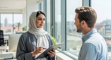 A businesswoman in a hijab and a man in a light blue shirt have a productive meeting in a modern .