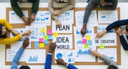 Collaborative Brainstorming: Diverse Team Analyzing Data and Generating Ideas on Corkboard