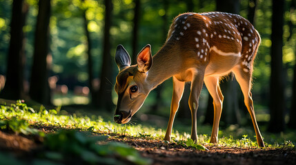 Deer grazing peacefully in serene forest setting, surrounded by lush greenery and soft sunlight