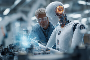 A human engineer and an AI robot working together on a control panel, futuristic factory in the background