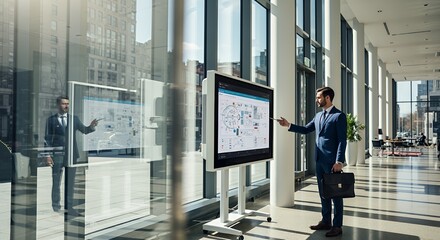 A businessman confidently presents a project plan on a large interactive display in a modern building, showcasing strategic data visualizations.
