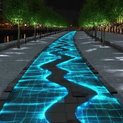 Obraz premium Night scene of a meandering illuminated waterway integrated into a paved walkway, flanked by trees and buildings