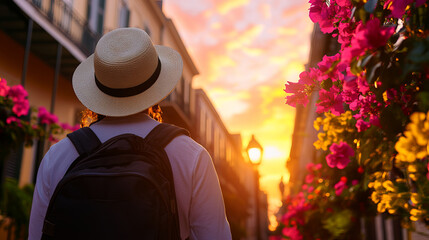 Traveler enjoying sunset stroll through vibrant street adorned with flowers